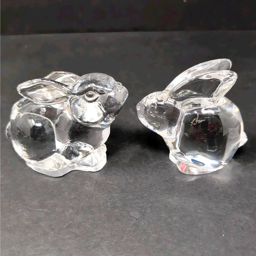 VTG Oneida Bunny Rabbit Figurines Set of 2 Lead Crystal Clear Hand Cut &‎ Blown